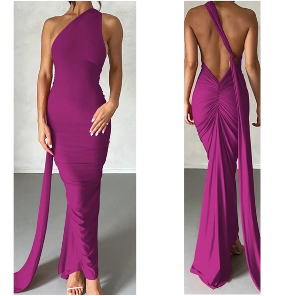 Luxe Backless Asymmetrical Neck Bodycon Party Formal Dress - Picture 2 of 8